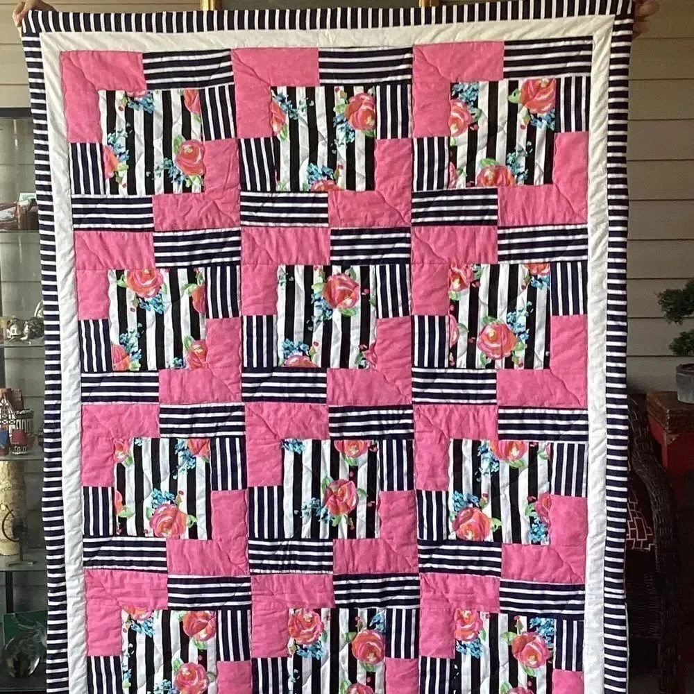 NWT. Hand Crafted Pink and Black Striped With Roses Floral Quilt